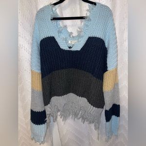 OOTDFash Knitted Multicolor Distressed Cropped Sweater